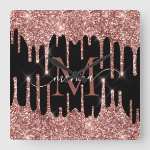 Horloge Carrée Rose Gold Paillettes Coulures Monogramme Personnal