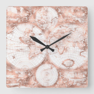 Horloge Carrée Rose Gold Pink MetParties scintillant Carte du mon