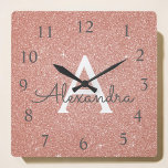 Horloge Carrée Rose Gold Sparkle Glitter Monogram<br><div class="desc">Blush Pink - Rose Gold Sparkle Parties scintillant Nom du monogramme et horloge murale de service initial. L'horloge murale est le cadeau parfait pour quelqu'un qui aime la parties scintillant rose étincelante.</div>