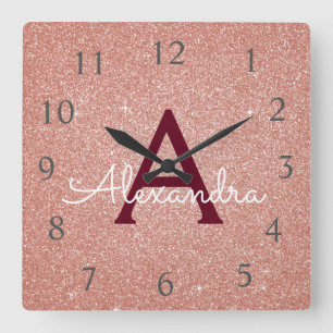 Horloge Carrée Rose Gold Sparkle Glitter Monogram