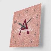 Horloge Carrée Rose Gold Sparkle Glitter Monogram (Angle)