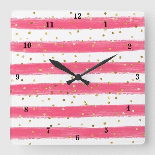 Horloge Carrée Rose moderne, blanc, Gold Stripes, Confeti Clock (Recto)