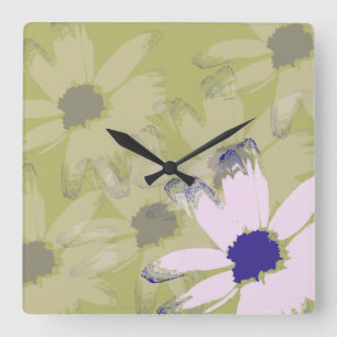 Horloge Carrée Rose Olive Green Daisy Art Floral