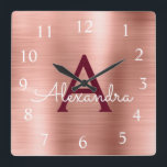Horloge Carrée Rose Rose Gold Burgundy Métallc Monogram<br><div class="desc">Blush Pink - Rose Gold and Burgundy Faux Stainless Steel Foil Monogram Name and Initial Serving Wall Clock. The Wall Clock makes the perfect gift for someone who loves pink métallc decor.</div>
