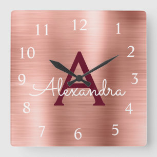 Horloge Carrée Rose Rose Gold Burgundy Métallc Monogram