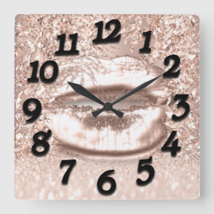 Horloge Carrée Rose Rose Parties scintillant Florale Baise Lèvres