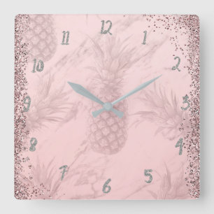 Horloge Carrée Rose Rose Parties scintillant Or Ananas Tropical C