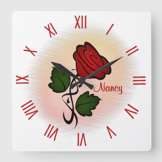 Horloge Carrée Rose rouge avec nom chiffres romains (Recto)