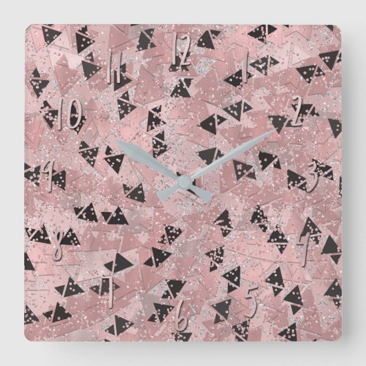 Horloge Carrée Rose Rouge Gênée Motif Triangles Or & Noir (Recto)