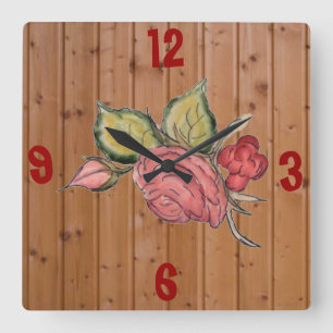 Horloge Carrée Rose rouge sur Arrière - plan en bois