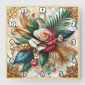 Horloge Carrée Roses avec Feuilles d'or sur marbre (Recto)