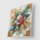 Horloge Carrée Roses avec Feuilles d'or sur marbre (Angle)