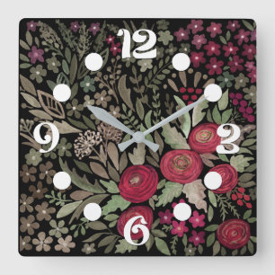 Horloge Carrée Roses d'aquarelle sur un arrière - plan noir, aqua