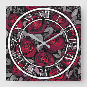 Horloge Carrée Roses d'aquarelle sur un arrière - plan noir, aqua