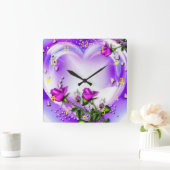 Horloge Carrée Roses et coeur pourpres (Maison)