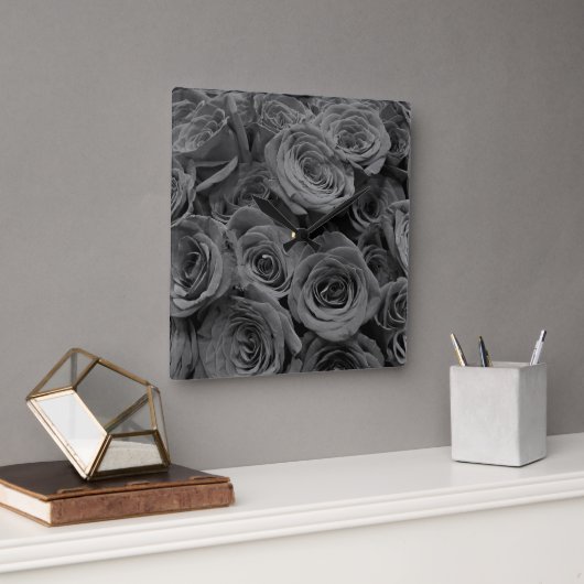 Horloge Carrée Roses gris, photo florale grise (Bureau)