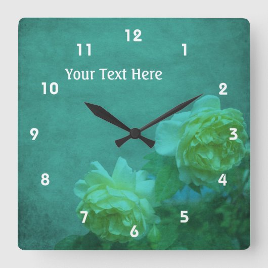 Horloge Carrée Roses Jaunes Sur Turquoise (Recto)