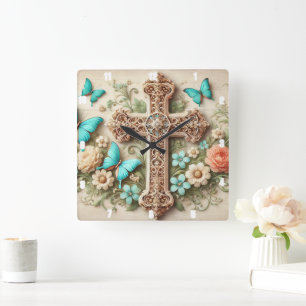 Horloge Carrée Roses Orangées Et Jaunes Bouquet Floral Automne