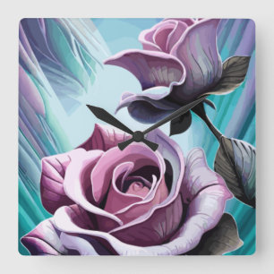 Horloge Carrée Roses radieux : Parfaitement rose et violet pétale