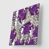 Horloge Carrée Roses rétro, violet (Angle)