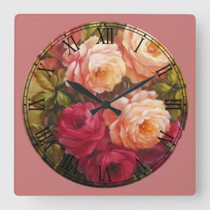 Horloge Carrée Roses roses rouges et roses Art Numéro Romain