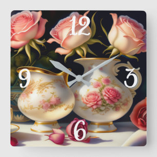 Horloge Carrée Roses roses vintages et pots de thé