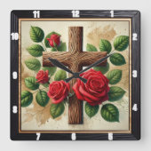 Horloge Carrée Roses rouges en bois (Recto)