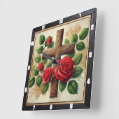 Horloge Carrée Roses rouges en bois (Angle)