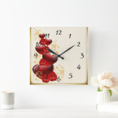 Horloge Carrée Roses rouges et coeurs (Maison)