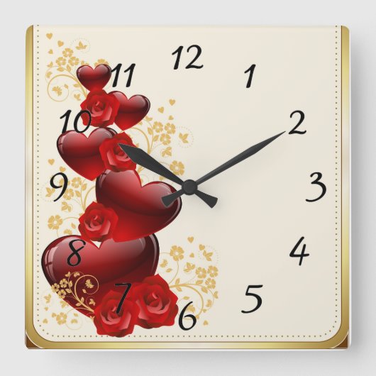 Horloge Carrée Roses rouges et coeurs (Recto)