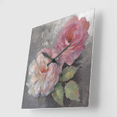 Horloge Carrée Roses sur Grey (Angle)