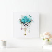 Horloge Carrée Roses turquoise avec touches (Maison)