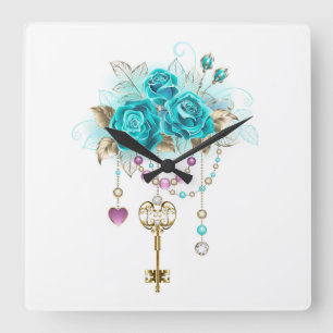 Horloge Carrée Roses turquoise avec touches