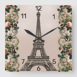 Horloge Carrée Roses Vignes Roses Paris Tour Eiffel Shabby Chic