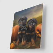 Horloge Carrée Rottweiler Chiot Automne Citrouille de plaisir (Angle)