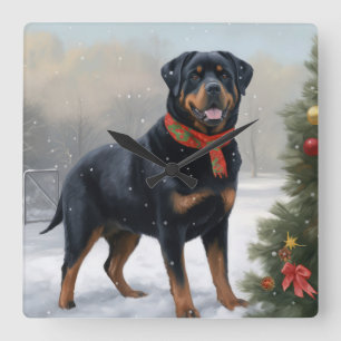 Horloge Carrée Rottweiler dans la neige à Noël
