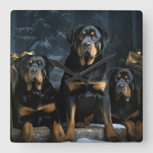 Horloge Carrée Rottweiler enneigé traîneau décoration de Noël