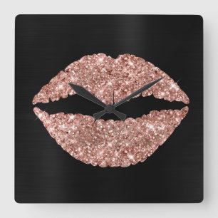 Horloge Carrée Rouge à lèvres pailleté or rose métallisé Feuille 