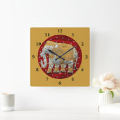 Horloge Carrée Rouge embelli et or d'éléphant d'Asie (Maison)