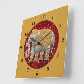 Horloge Carrée Rouge embelli et or d'éléphant d'Asie (Angle)