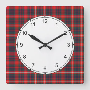 Horloge Carrée Rouge et bleu marine Fraser de tartan moderne de