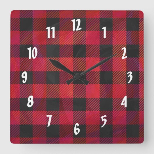 Horloge Carrée Rouge et noir À damiers plaid (Recto)