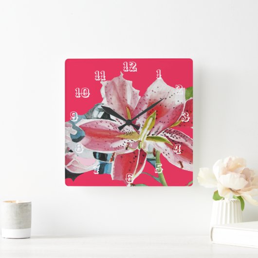 Horloge Carrée Rouge Lily Lys Aquarelle Fleur d'Art (Maison)