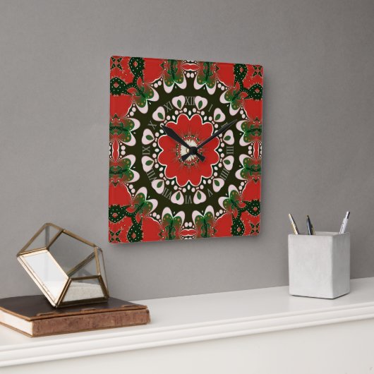 Horloge Carrée Rouge noir vert et blanc Super Mandala (Bureau)