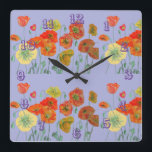Horloge Carrée Rouge Orange Populaire Aquarelle Pastel Purple Hor<br><div class="desc">Rouge Orange Poppy Pastel Purple Aquarelle colorée sur Black Woman's Office Horloge. Conçu à partir de mon aquarelle originale.</div>