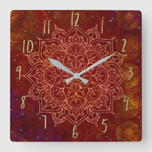 Horloge Carrée Rouge Rouille Mandala Or Glam Moderne Chic