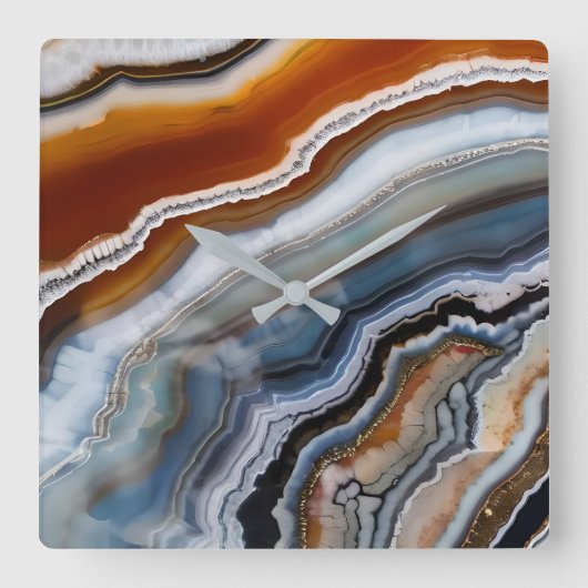 Horloge Carrée Rouge Terracotta Blanc Noir Bleu Or Géode d'âge (Recto)