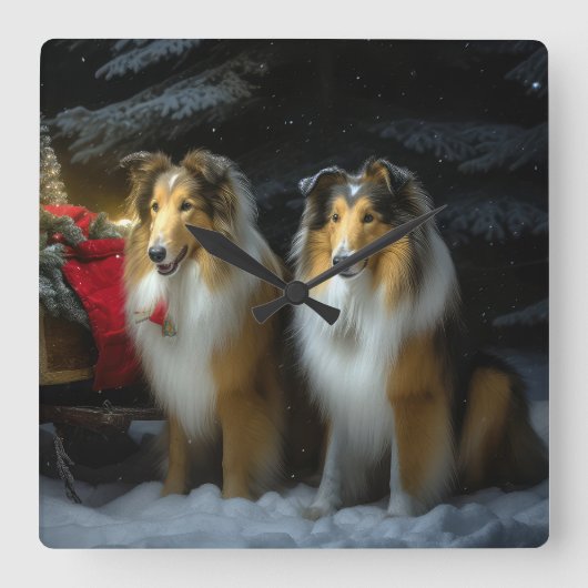 Horloge Carrée Rough Collie Snowy Sleigh Décor de Noël (Recto)