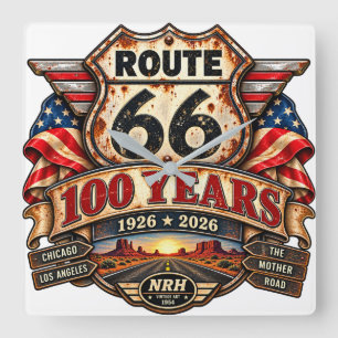 Horloge Carrée Route 66 100 Ans 1926–2026 Vintage Americana Mural