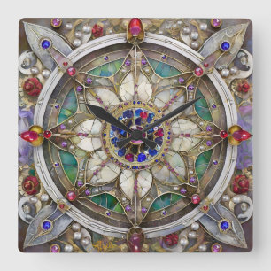 Horloge Carrée Ruby, Amethyst, Sapphire et Pearl Mandala